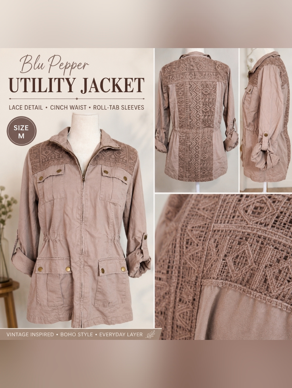 Blu Pepper | Lace Detail Utility Jacket Boho Military Style - Size Medium
